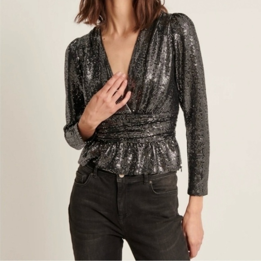 ba&sh NWT Mae Silver Sequin Black V-Neck Long Sleeve Top L